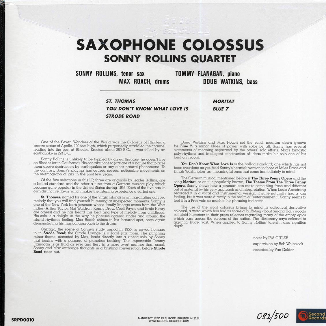 Sonny Rollins - Saxophone Colossus (180g) (blue vinyl) - Vinyl LP, LP