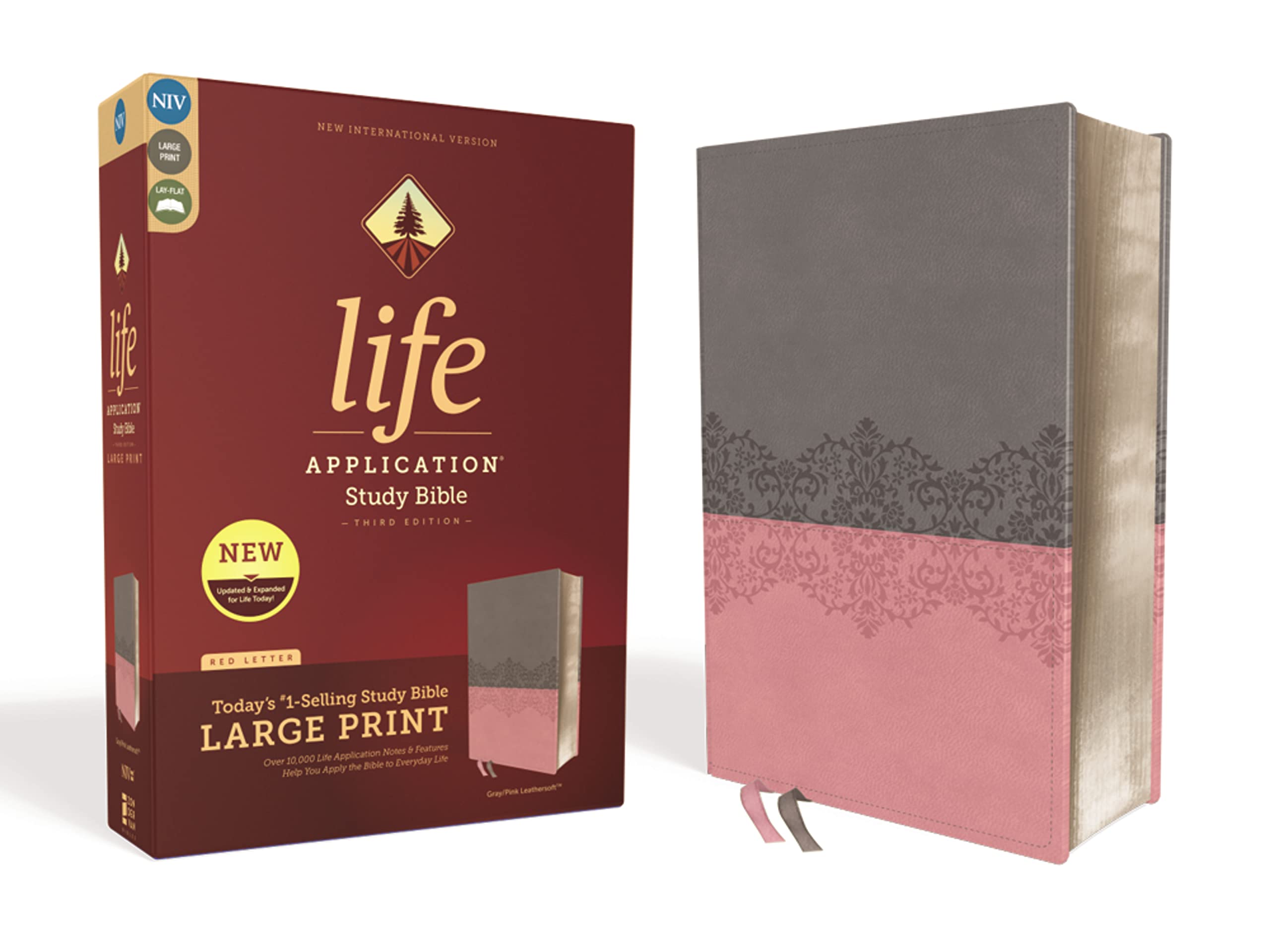 Niv, Life Application Study Bible, Third Edition, Large Print, Leathersoft, Gray/Pink, Red Letter Edition by Zondervan