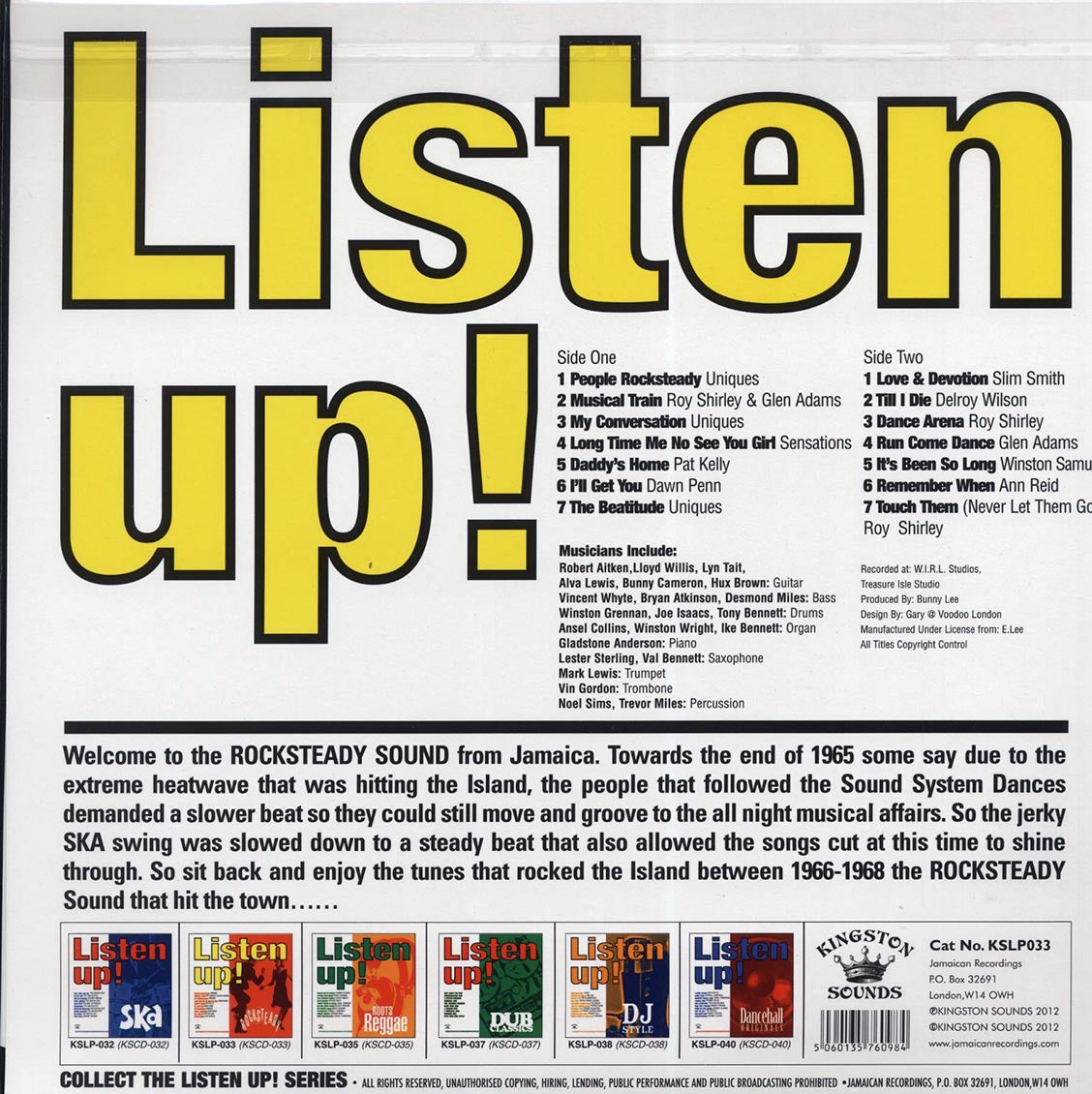 The Uniques, Slim Smith, Dawn Penn, Pat Kelly, Etc. - Listen Up: Rock Steady (180g) - Vinyl LP, LP