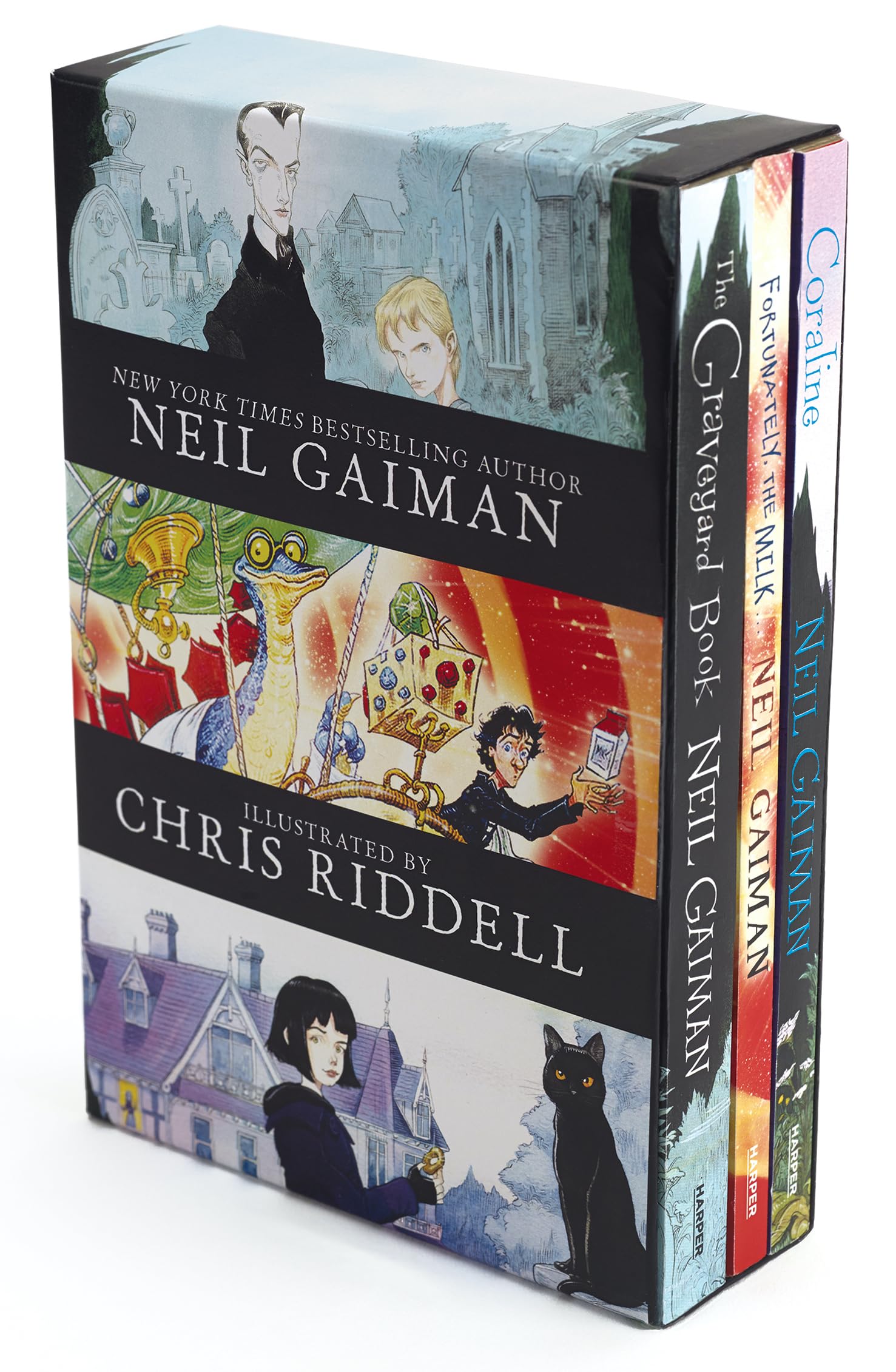 Neil Gaiman/Chris Riddell 3-Book Box Set: Coraline; The Graveyard Book; Fortunately, the Milk by Gaiman, Neil