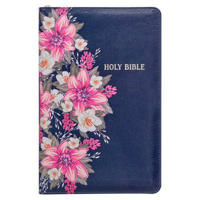 KJV Holy Bible Standard Size Faux Leather Red Letter Edition - Thumb Index & Ribbon Marker, King James Version, Blue Floral, Zipper Closure by Christian Art Gifts